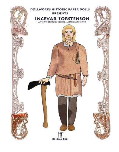 Viking master carpenter Ingevar Torstenson in work clothes and with an adze